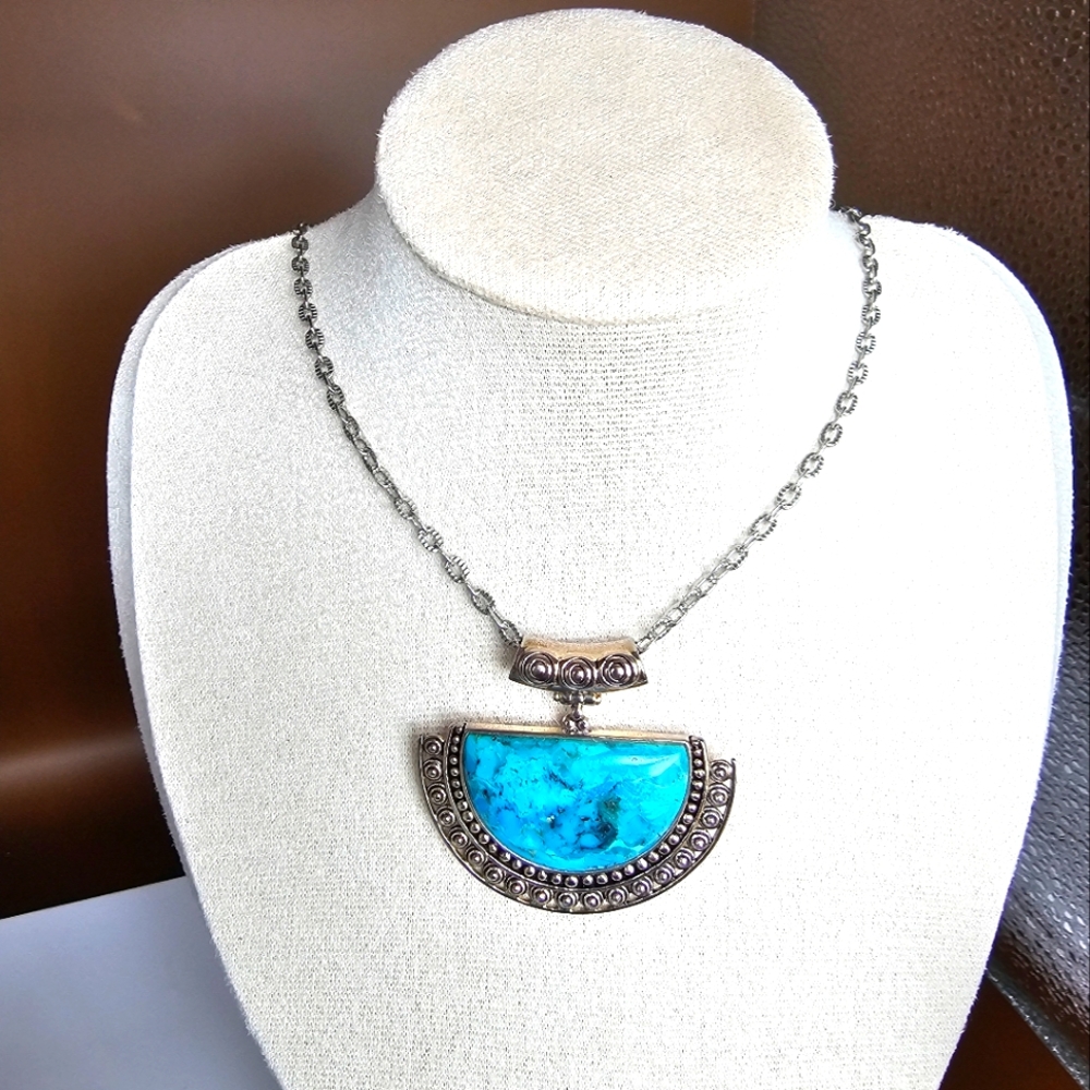 Genuine Half Moon Shaped Turquiose Pendant in Sterling Silver Necklace
